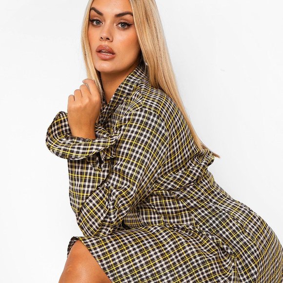 BOOHOO PLUS FLANNEL CINCHED WAIST SKATER SHIRT DRESS - Picture 2 of 4